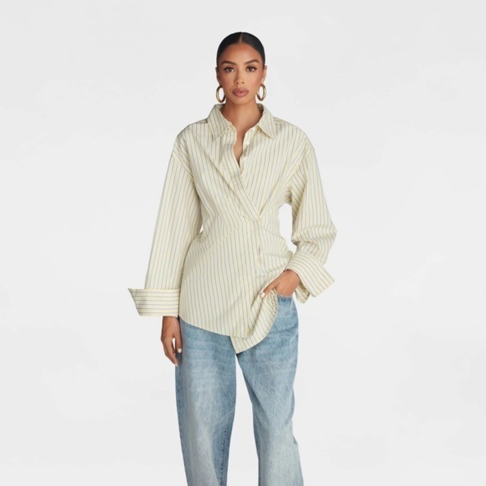 KBB KAHLANA Target M Medium Long Sleeve Button-Down The Wrap Shirt Yellow Stripe